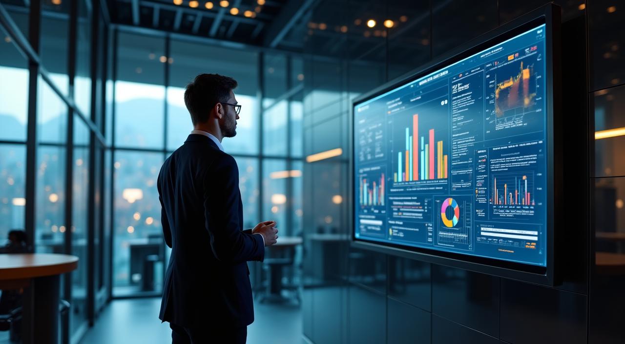 Modern business intelligence dashboard being used by an executive in a high-tech office